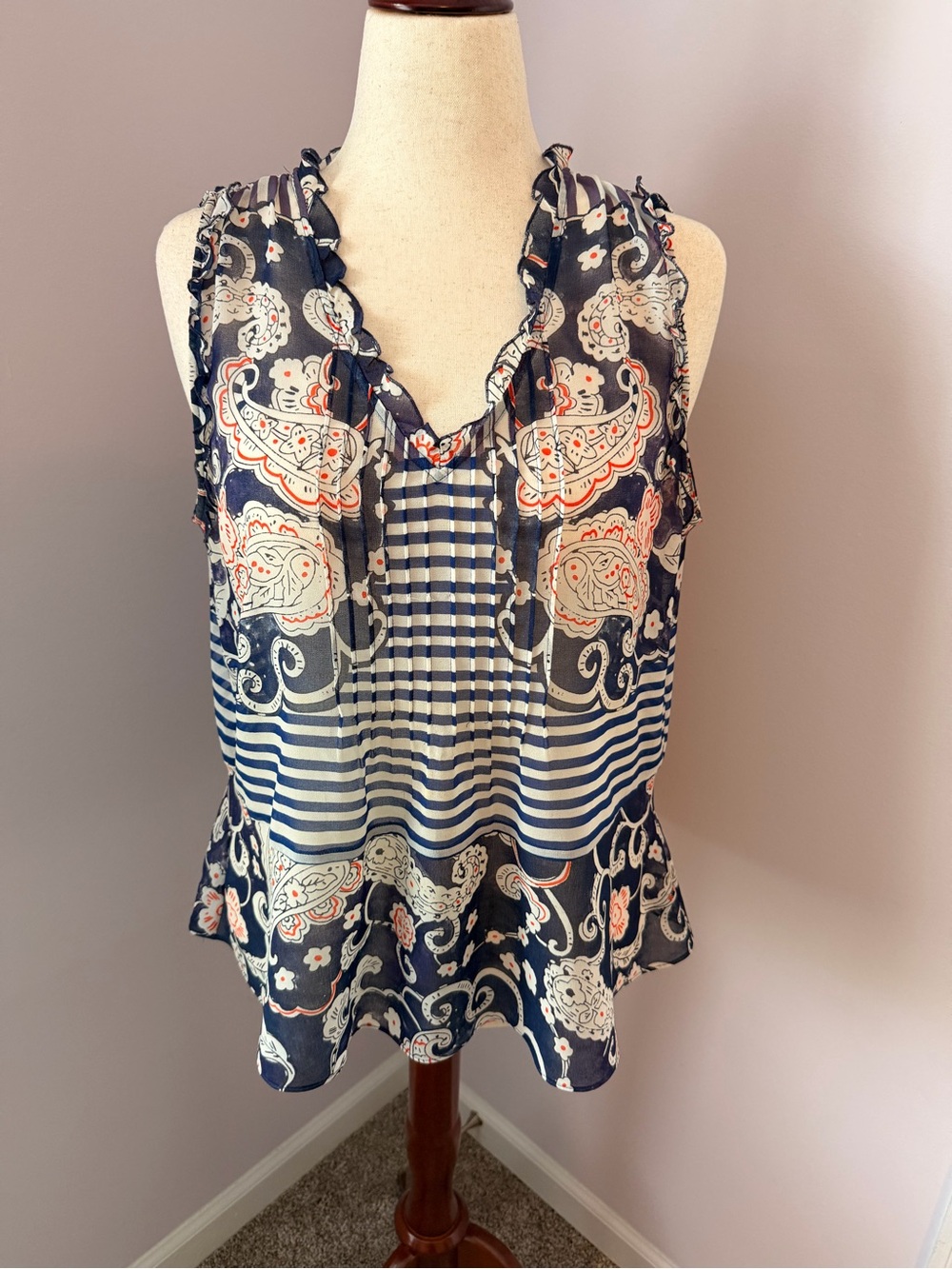 CAbi Paisley Ruffle Sleeveless Blouse Small Sheer Blue Print Top Style 5349